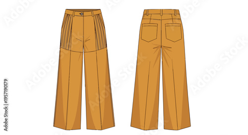 Technical fashion illustration of a women's wide-leg high-waisted trousers in a rich mustard hue showcasing front and back views professional