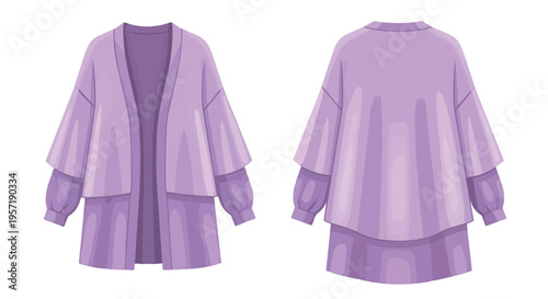 Detailed vector illustration showcasing a chic lavender open-front cardigan with relaxed fit and layered sleeves perfect for casual modern fashion