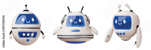 Cartoon 3d chatbots characters. Funny different robots, cute render digital artificial intelligence mascots, friendly robots online assistants, automation modern technology classy vector set