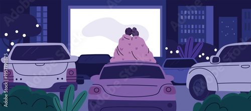 Car street cinema. Drive movie theater, romantic couple in evening parking, love and hugs, happy people wrapped in blanket, entertainment and leisure garish vector cartoon isolated concept