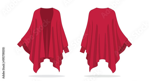 Vibrant red open cardigan vector graphic demonstrating elegant drape and fluid design from front and back views an adaptable apparel template for