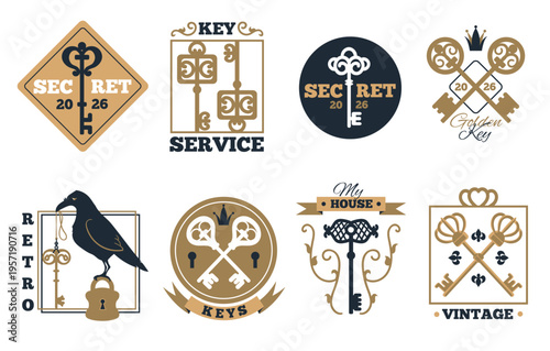 Antique keys emblems. Heraldic design elements, vintage labels and signage, retro padlocks, decorative elegant ornaments, real estate logotype, premium monogram splendid vector isolated set
