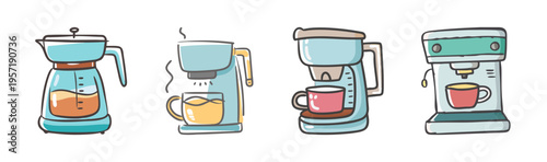Collection of hand-drawn coffee maker icons for brewing hot beverages.
