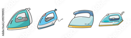 Vector doodle illustrations of various modern clothes irons, essential household appliances for crisp garment care.