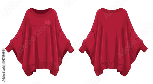 Vibrant crimson loose-fit women's casual knitwear garment providing comfortable stylish fashion from both front and rear perspectives isolated on