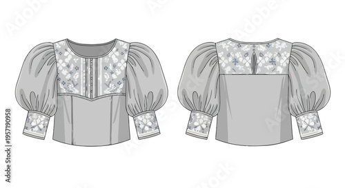 Technical fashion illustration of a charming women's blouse with decorative puff sleeves and a delicate floral patterned yoke design