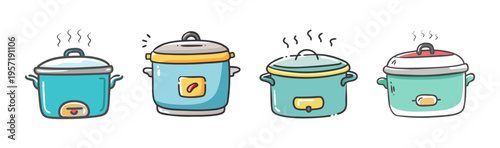 Hand drawn kitchen pots collection, colorful cooking pot set with steam, blue and teal enamel cookware icons, 4 vector pot illustrations