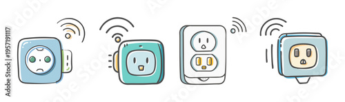Smart plug icons with wifi signal, wireless electric socket set in hand drawn style, intelligent power outlet vector collection for home automation