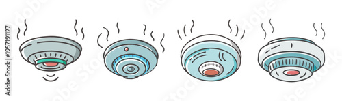 Set of four cartoon smoke detectors with smoke signals, vector illustration