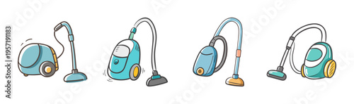Group of four stylized vacuum cleaners, upright and canister types, blue and teal.
