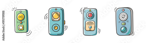 Four cartoon video doorbells with wireless connectivity and notification alerts.