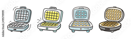 Hand-drawn waffle maker icons with different open and closed states