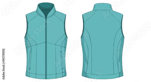 Blank turquoise zip-up vest technical sketch front and back view for apparel design template