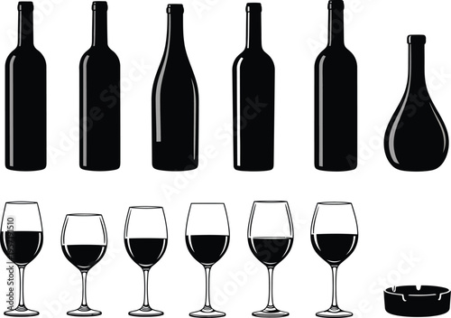 A collection of black silhouette icons featuring various wine bottles, wine glasses and an ashtray Vector