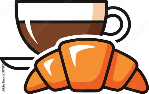 A simple flat vector illustration of a freshly baked golden croissant beside a cup of dark coffee Vector
