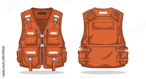 Detailed vector illustration of an orange utility vest with front and back views