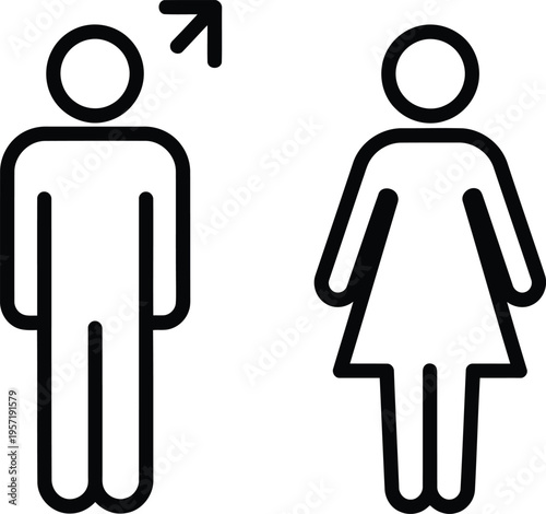 A minimalist linear icon representing male and female restroom figures with a directional arrow Vector