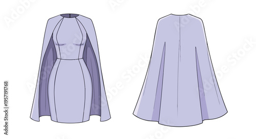 Elegant light purple women's dress with integrated cape design front and back views a detailed technical flat sketch for fashion illustration and