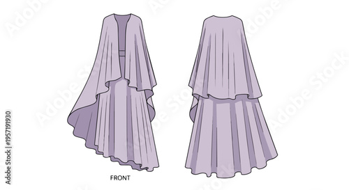 Elegant Lavender Cape Gown Fashion Flat Sketch Front and Back View Digital Illustration