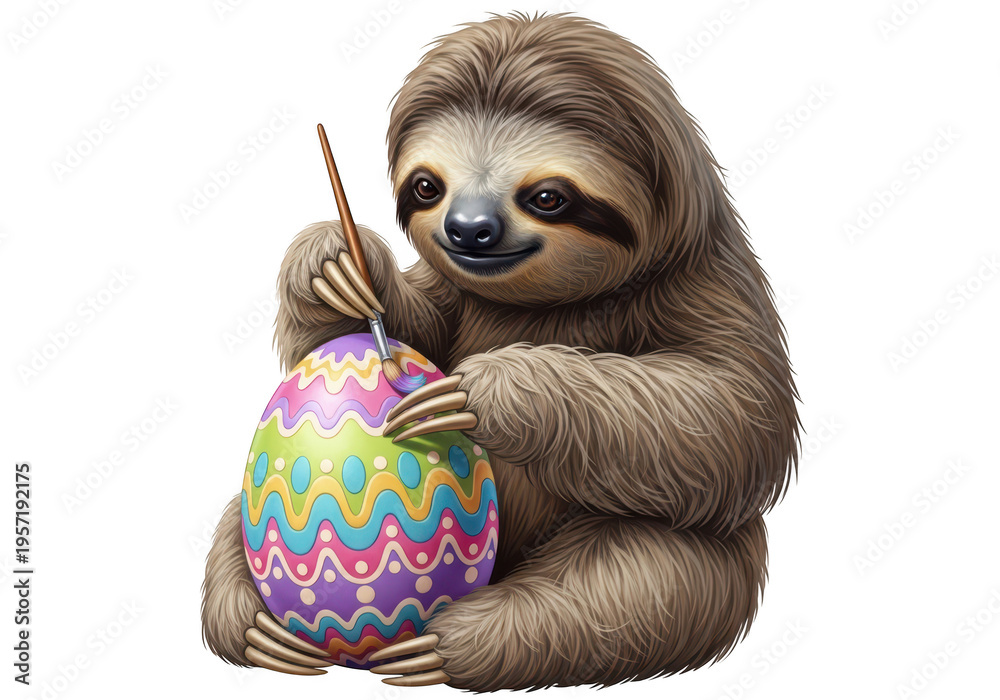 Obraz premium Charming sloth painting a vibrant Easter egg with a brush, isolated on transparent background, creative holiday activity illustration.