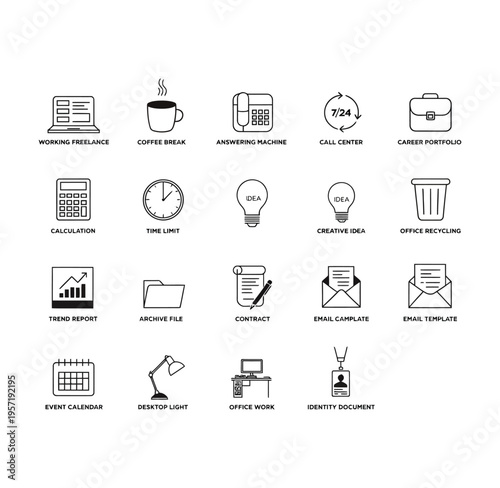 Collection of vector icons representing various office-related activities and objects such as work, breaks, and equipment.