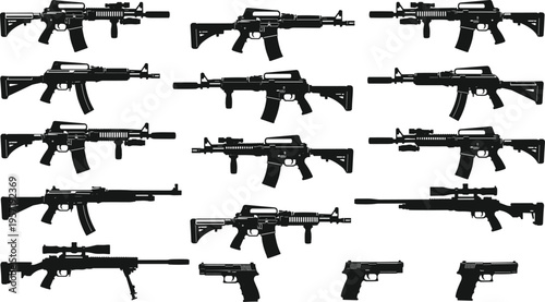 Large set of black silhouettes featuring tactical assault rifles sniper rifles with scopes and handguns isolated on white background for military and defense design.