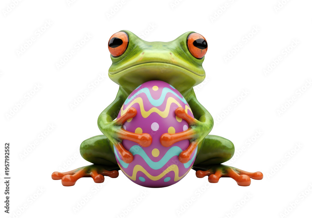 Fototapeta premium A cute, colorful red-eyed tree frog with bright green skin and orange feet is isolated on white in a macro closeup, showcasing the tropical wildlife and nature of this small amphibian