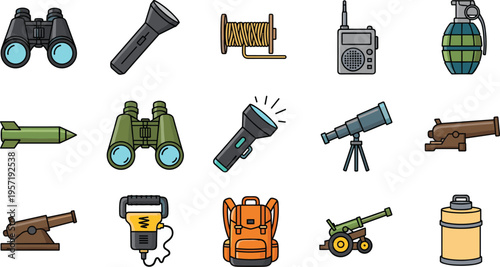 Military Equipment and Tactical Gear Collection with Binoculars, Flashlight, Radio, Grenade, Cannon and Backpack Icons for Army, Defense and Survival Illustration Design