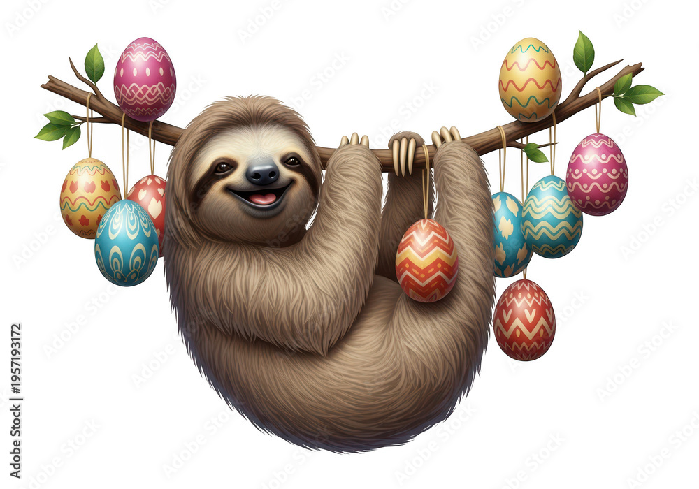 Obraz premium Whimsical sloth with a cheerful smile hangs from a branch adorned with colorful Easter eggs, isolated on transparent background.