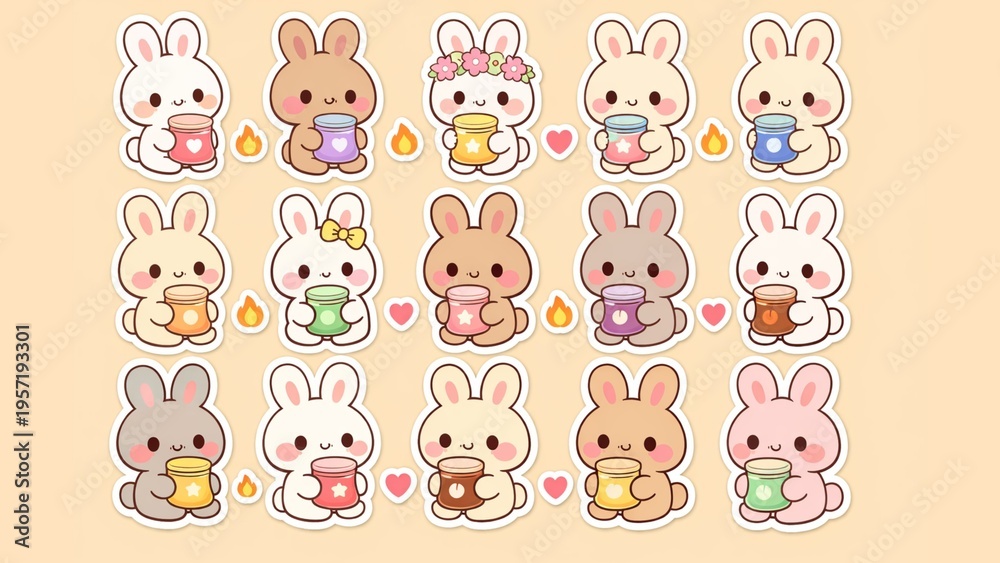 Fototapeta premium Collection of Cute Kawaii Bunnies Holding Cozy Mugs of Warm Drinks, Adorable Characters with Sweet Expressions