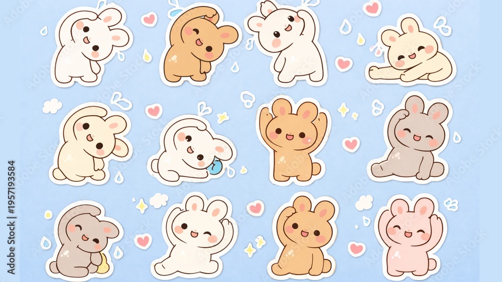 Obraz premium Whimsical set of adorable pastel rabbits, each expressing sweet emotions and engaging in cute, playful actions, perfect for charming designs