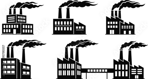 Industrial factory buildings silhouettes, heavy smoke emissions, pollution concept, manufacturing plants, environmental impact, urban industry vector illustration isolated background design