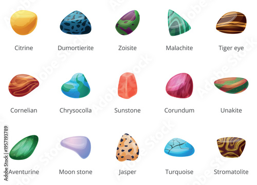 Mineral stones. Colorful half jewelry stone different colors. Semi precious natural elements, gemstones. Turquoise, malachite, aventurine, nowaday vector clipart