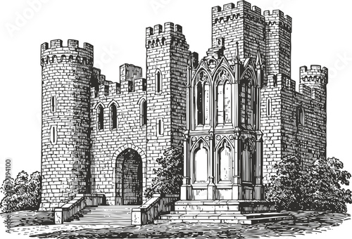 Medieval stone castle with towers and arched entrance surrounded by bushes and stairs engraving