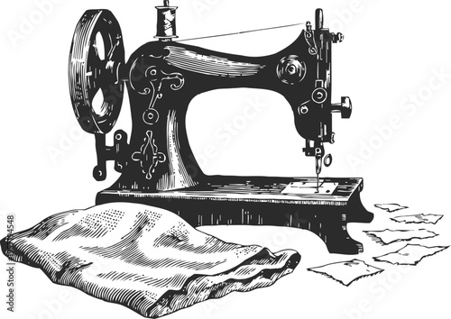 Vintage sewing machine with fabric and pattern pieces, tailoring and garment making tools