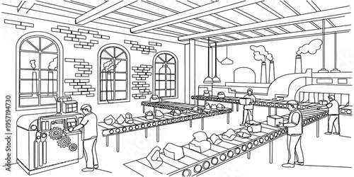 Industrial Factory Interior One Line Art With Workers And Conveyor