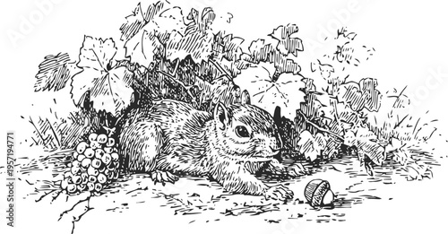 chipmunk resting near acorn under grapevine leaves with grape bunch nature sketch