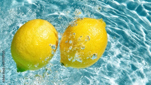 Fresh yellow lemons splashing in cool blue water, creating a refreshing and healthy summer drink concept