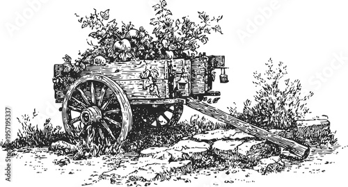 Vintage wooden cart filled with pumpkins and foliage in rustic countryside scene