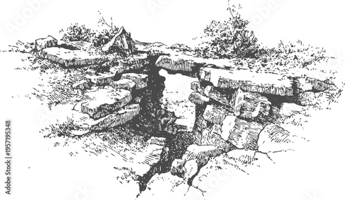 Ancient stone ruins with cracked ground and overgrown vegetation in black and white sketch