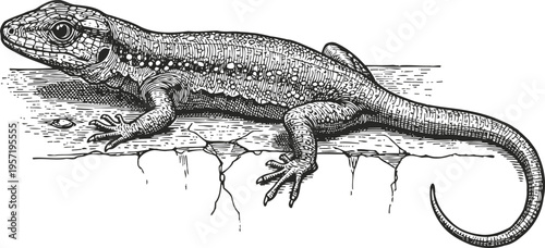 Detailed black and white illustration of a lizard on a cracked surface with textured skin and tail