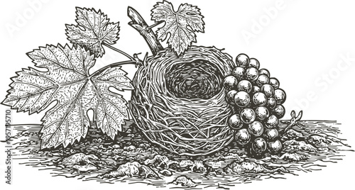 Bird nest with grapes and grapevine leaves detailed black and white vintage botanical illustration