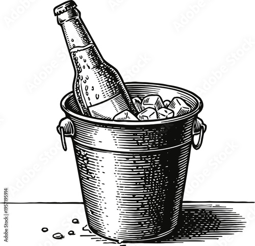 ice cold beer bottle chilling in a metal bucket filled with ice cubes vintage illustration