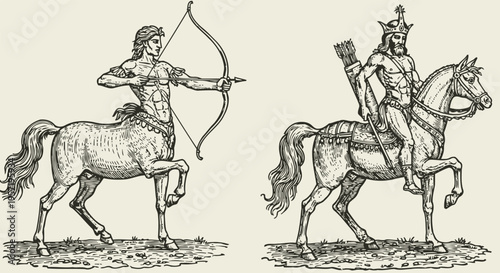 ancient greek centaur archer and medieval king warrior on horseback, detailed vintage engraving