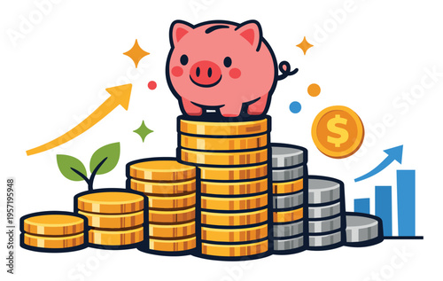 Piggy bank standing on a pyramid of golden coins, with rising arrows and bar graph showing finance and investment growth