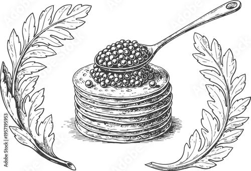Stack of pancakes topped with caviar on a spoon, vintage engraving with decorative leaves