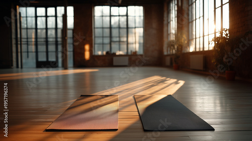 Empty minimalist gym studio after a session, two yoga mats facing each other, The Space for Transformation, long shadows from a window on a polished floor, nostalgic and serious mo