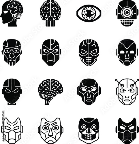 Collection of black and white featuring robotic heads and human brains brain silhouette futuristic sci fi concept