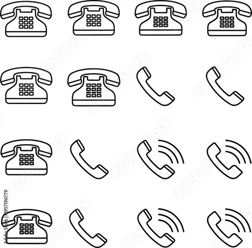 Collection of black line of vintage telephones and phone receivers retro communication