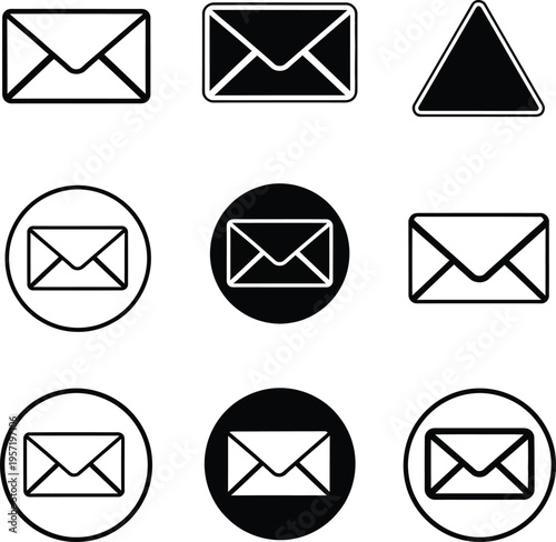 Nine black and white of envelopes and a triangle mail email message communication